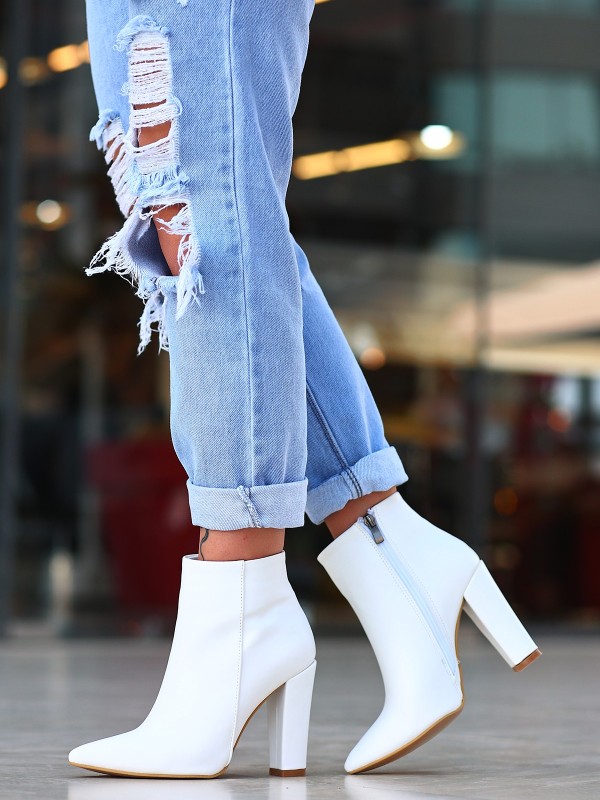 Loora Beyaz Cilt Topuklu Bot