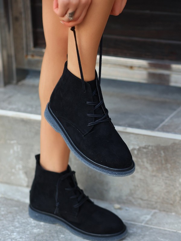 Kean Siyah Süet Gri Tabanlı Bağcıklı Bot