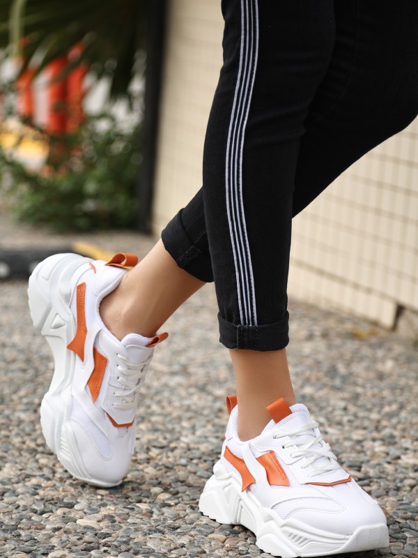 Dica Beyaz Cilt Turuncu Detaylı Bağcıklı Spor Ayakkabı