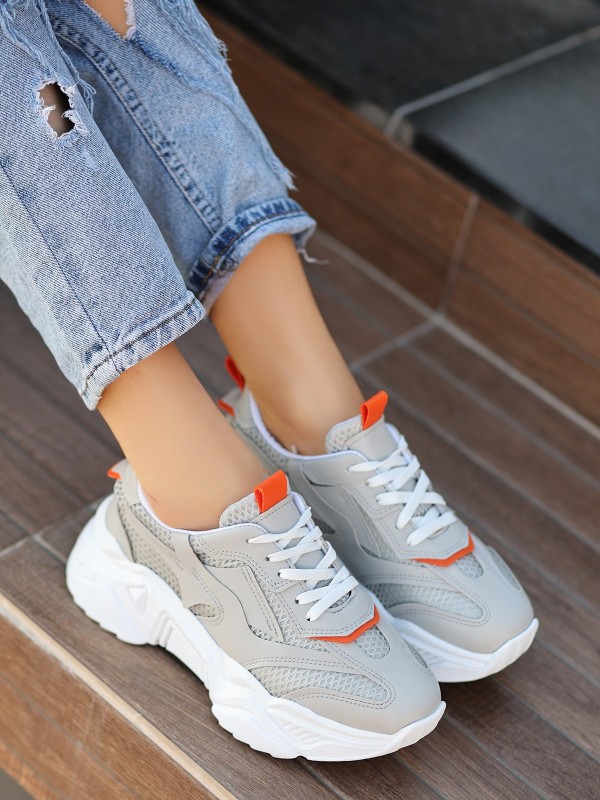 Dica Gri Cilt Bağcıklı Spor Ayakkabı