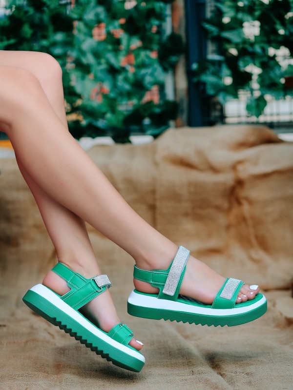 Vamo Yeşil Cilt Cırt Cırtlı Sandalet