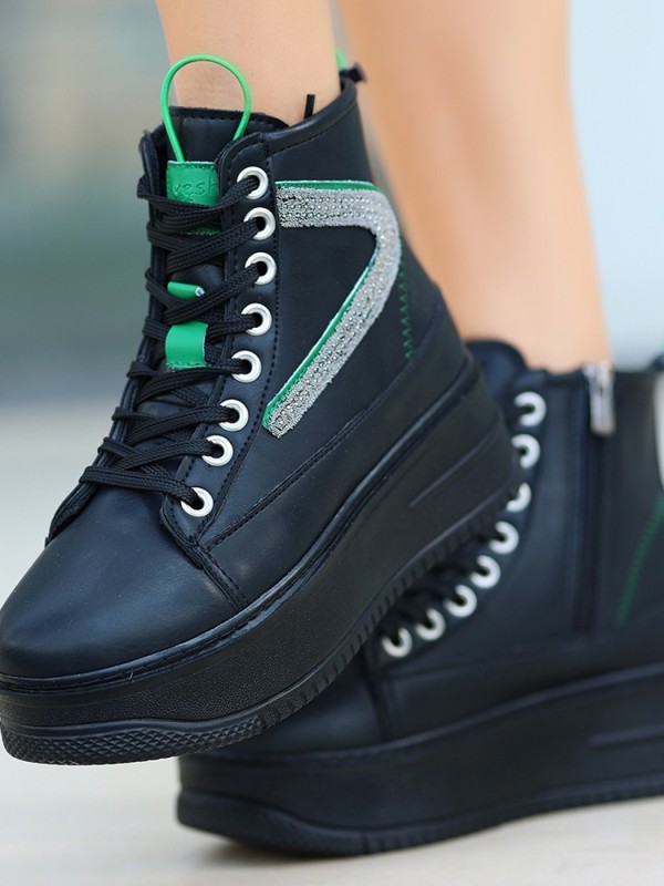 Pone Siyah Cilt Yeşil Detaylı Bağcıklı Bot