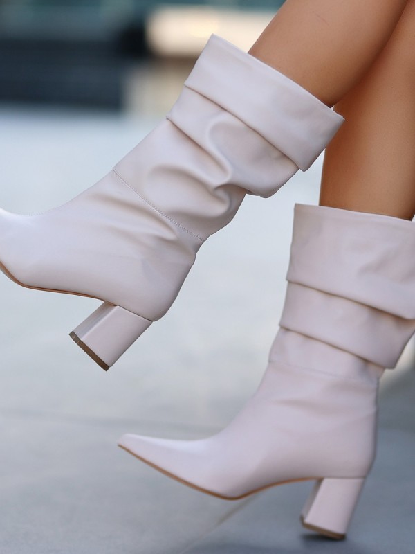 İdox Bej Cilt Topuklu Çizme