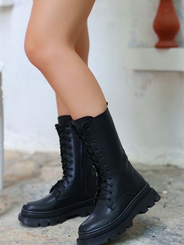 Toir Siyah Cilt Bağcıklı Postal