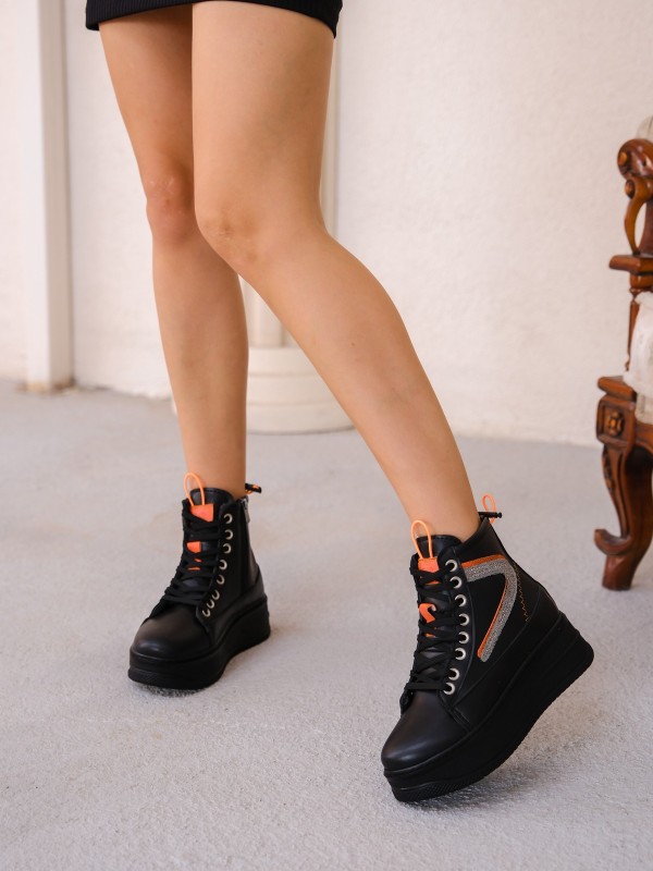 Pone Siyah Cilt Turuncu Detaylı Bağcıklı Bot