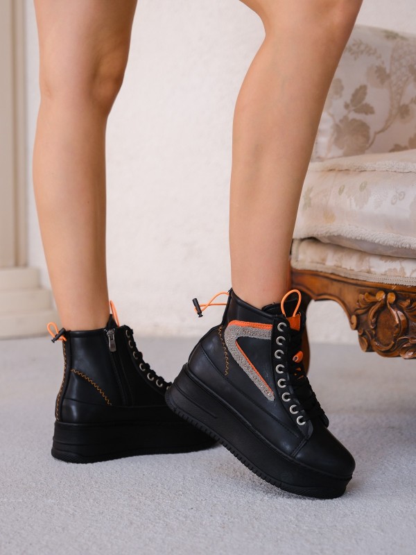 Pone Siyah Cilt Turuncu Detaylı Bağcıklı Bot