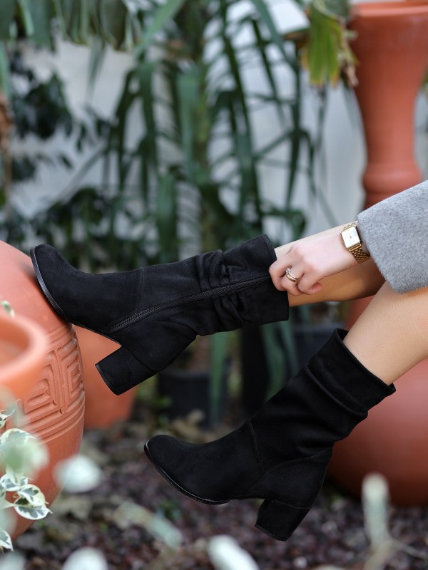 Leony Siyah Süet Topuklu Bot