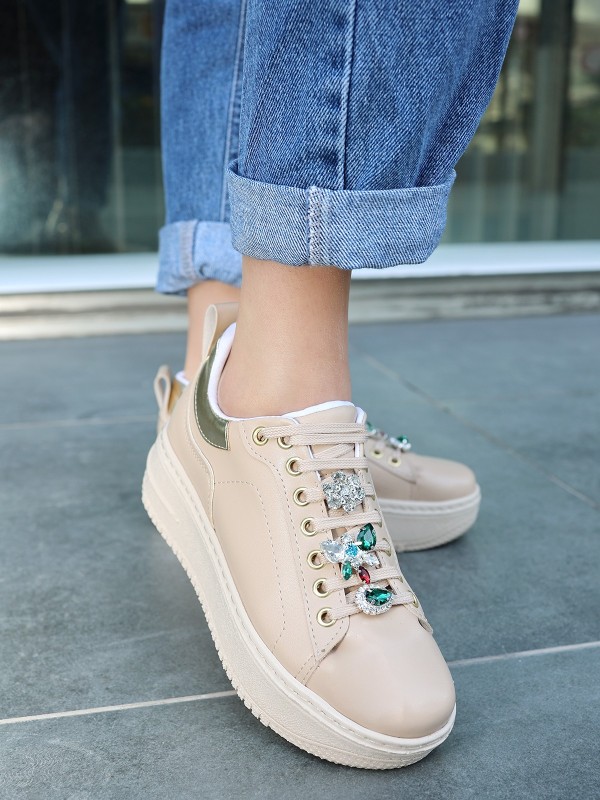 Tenya Nude Cilt Taşlı Bağcıklı Spor Ayakkabı