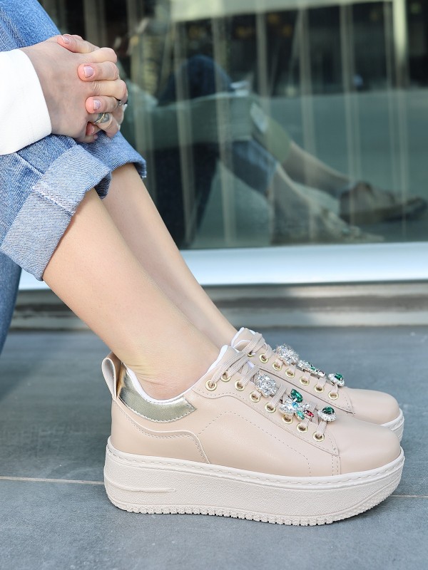 Tenya Nude Cilt Taşlı Bağcıklı Spor Ayakkabı