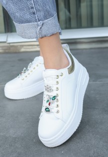 Tenya Beyaz Cilt Taşlı Bağcıklı Spor Ayakkabı