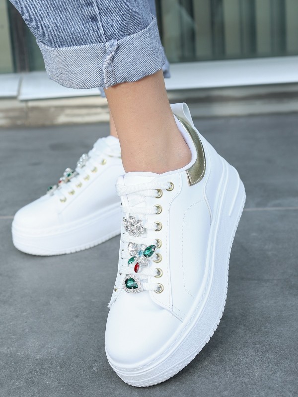 Tenya Beyaz Cilt Taşlı Bağcıklı Spor Ayakkabı