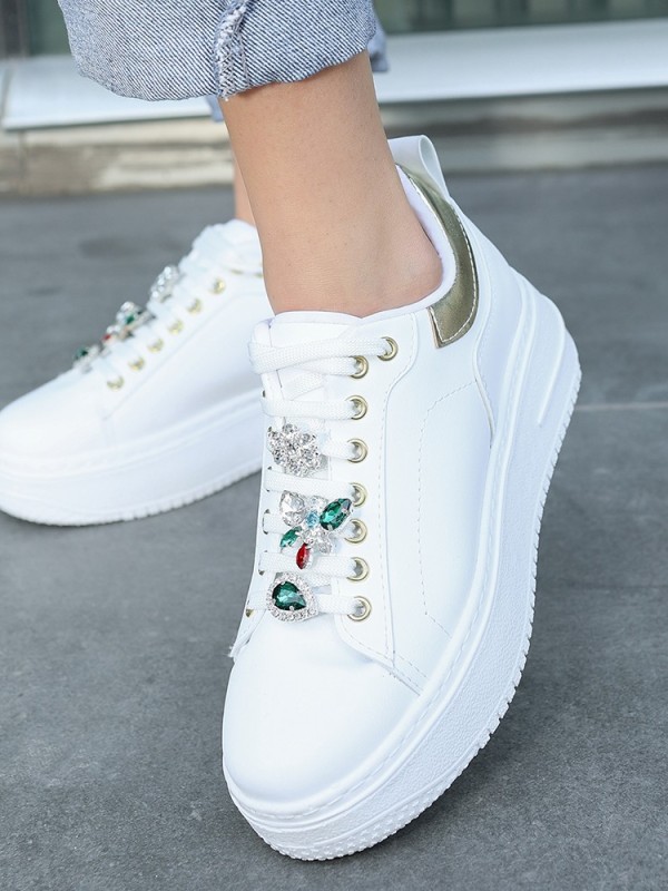 Tenya Beyaz Cilt Taşlı Bağcıklı Spor Ayakkabı