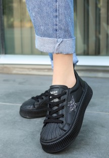 Piata Siyah Cilt Bağcıklı Spor Ayakkabı