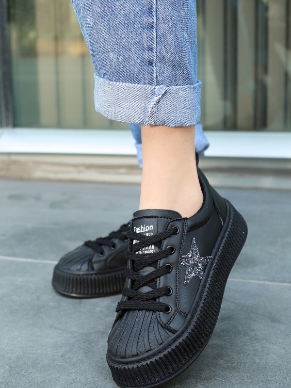 Piata Siyah Cilt Bağcıklı Spor Ayakkabı