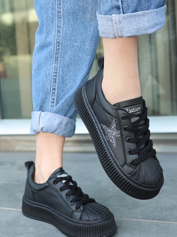 Piata Siyah Cilt Bağcıklı Spor Ayakkabı