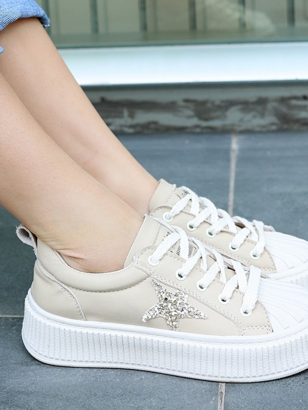 Piata Bej Cilt Bağcıklı Spor Ayakkabı