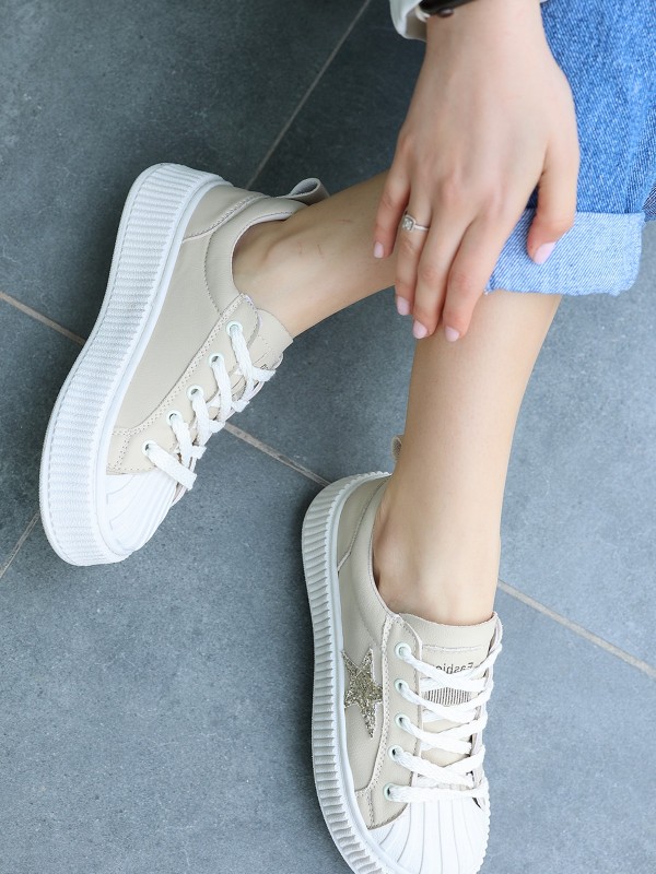 Piata Bej Cilt Bağcıklı Spor Ayakkabı