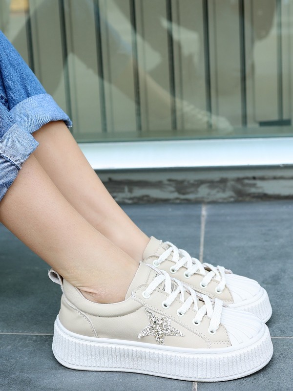 Piata Bej Cilt Bağcıklı Spor Ayakkabı