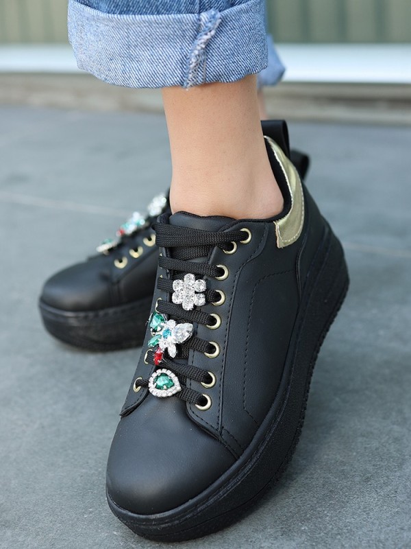 Tenya Siyah Cilt Taşlı Bağcıklı Spor Ayakkabı