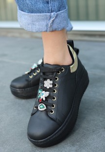 Tenya Siyah Cilt Taşlı Bağcıklı Spor Ayakkabı