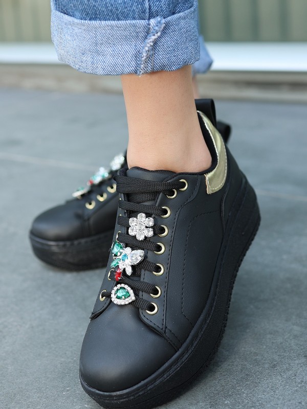 Tenya Siyah Cilt Taşlı Bağcıklı Spor Ayakkabı