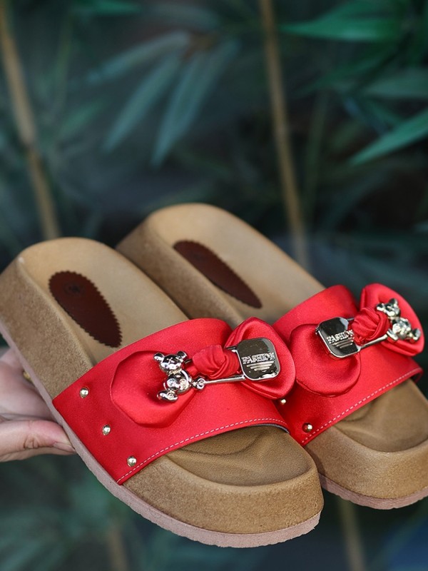 Jude Kırmızı Saten Ayıcıklı Terlik