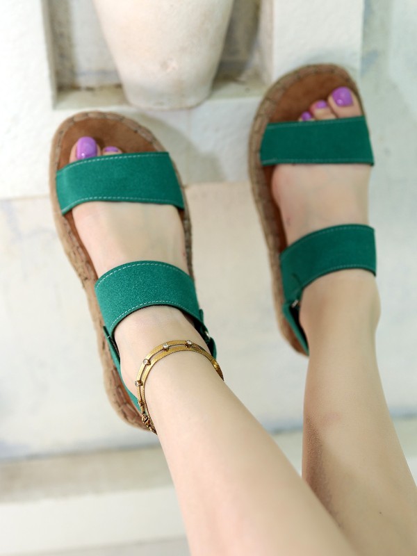 Wery Turkuaz Deri Cırt Cırtlı Sandalet