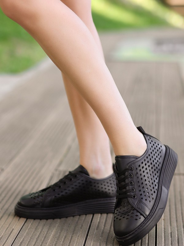 Ellon Siyah Cilt Bağcıklı Spor Ayakkabı