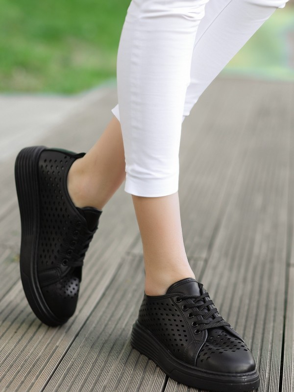 Ellon Siyah Cilt Bağcıklı Spor Ayakkabı