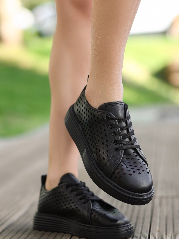 Ellon Siyah Cilt Bağcıklı Spor Ayakkabı