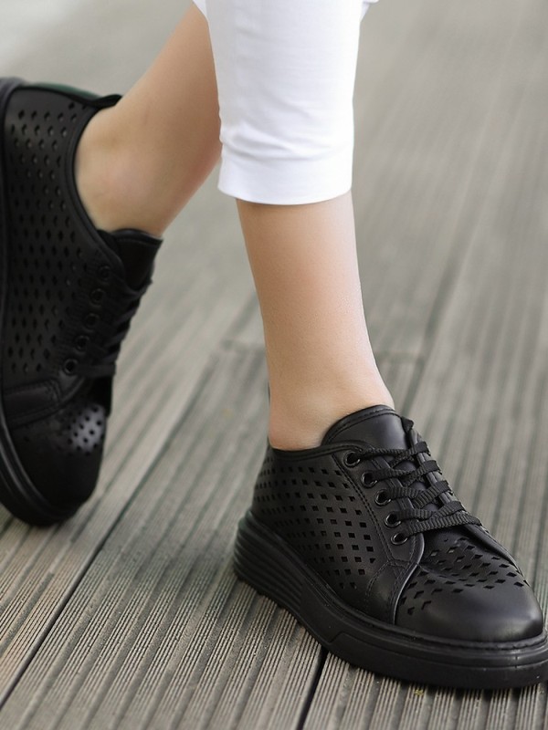 Ellon Siyah Cilt Bağcıklı Spor Ayakkabı