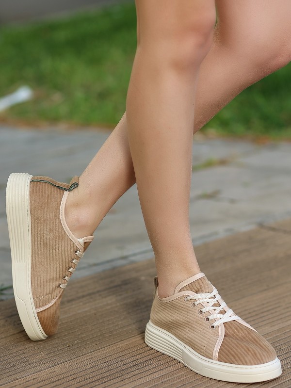 Aprel Nude Kadife Bağcıklı Spor Ayakkabı