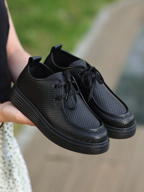 Olse Siyah Cilt Bağcıklı Spor Ayakkabı