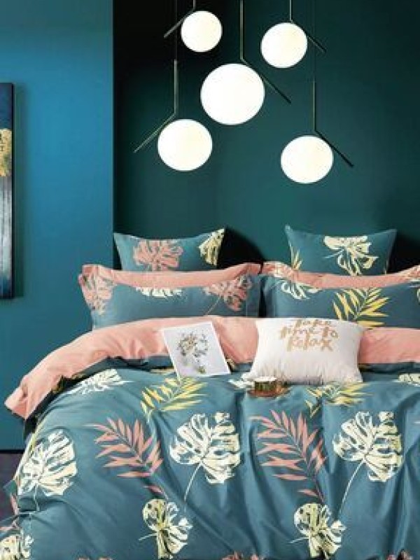 İQONLastikli Çarşaflı Nevresim Takımı Çift Kişilik Leaf Petrol