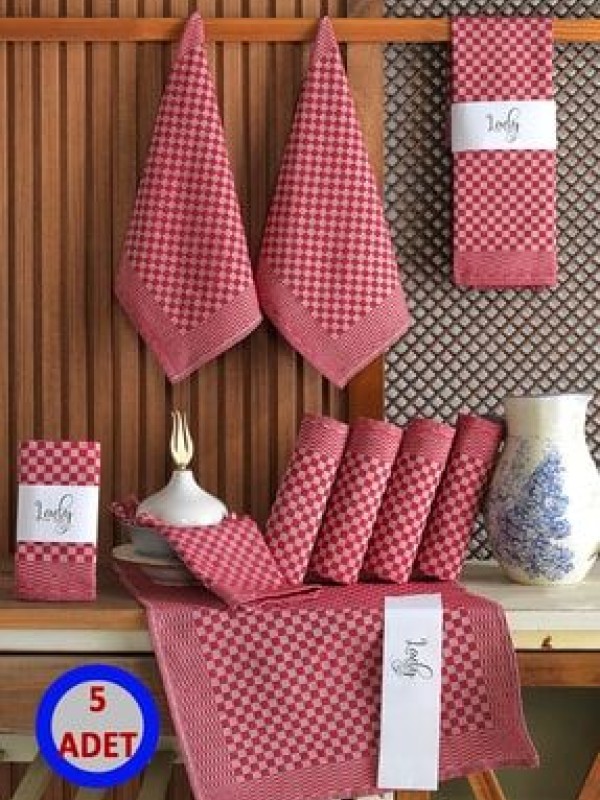 LADYNİL5 Li Kırmızı Mutfak Peçetesi Dama Desenli Pamuklu